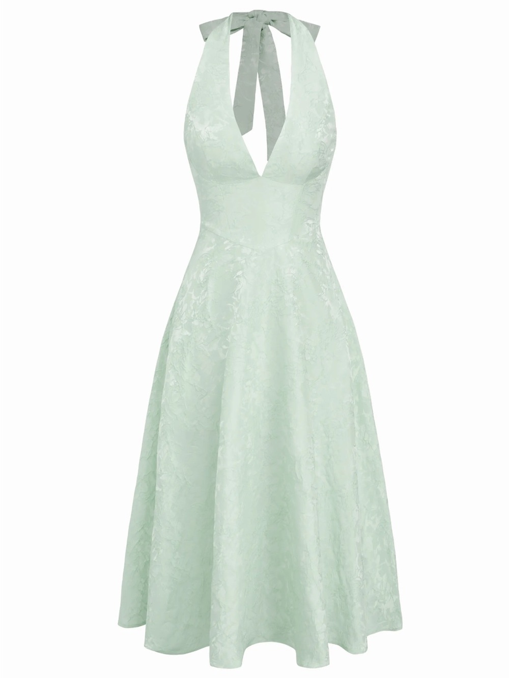 Halter V-Neck Mint Green Jacquard A-Line Dress